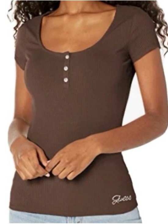 Guess Tops - GUESS Brown Ribbed Scoop-Neck Short Sleeve Henley Top